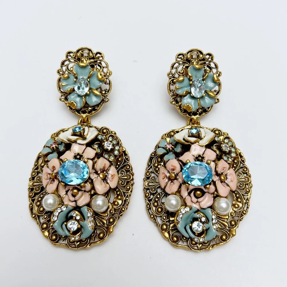 Oscar de la Renta Baroque Goldtone Enamel Floral Crystal Drop Clip On Earrings